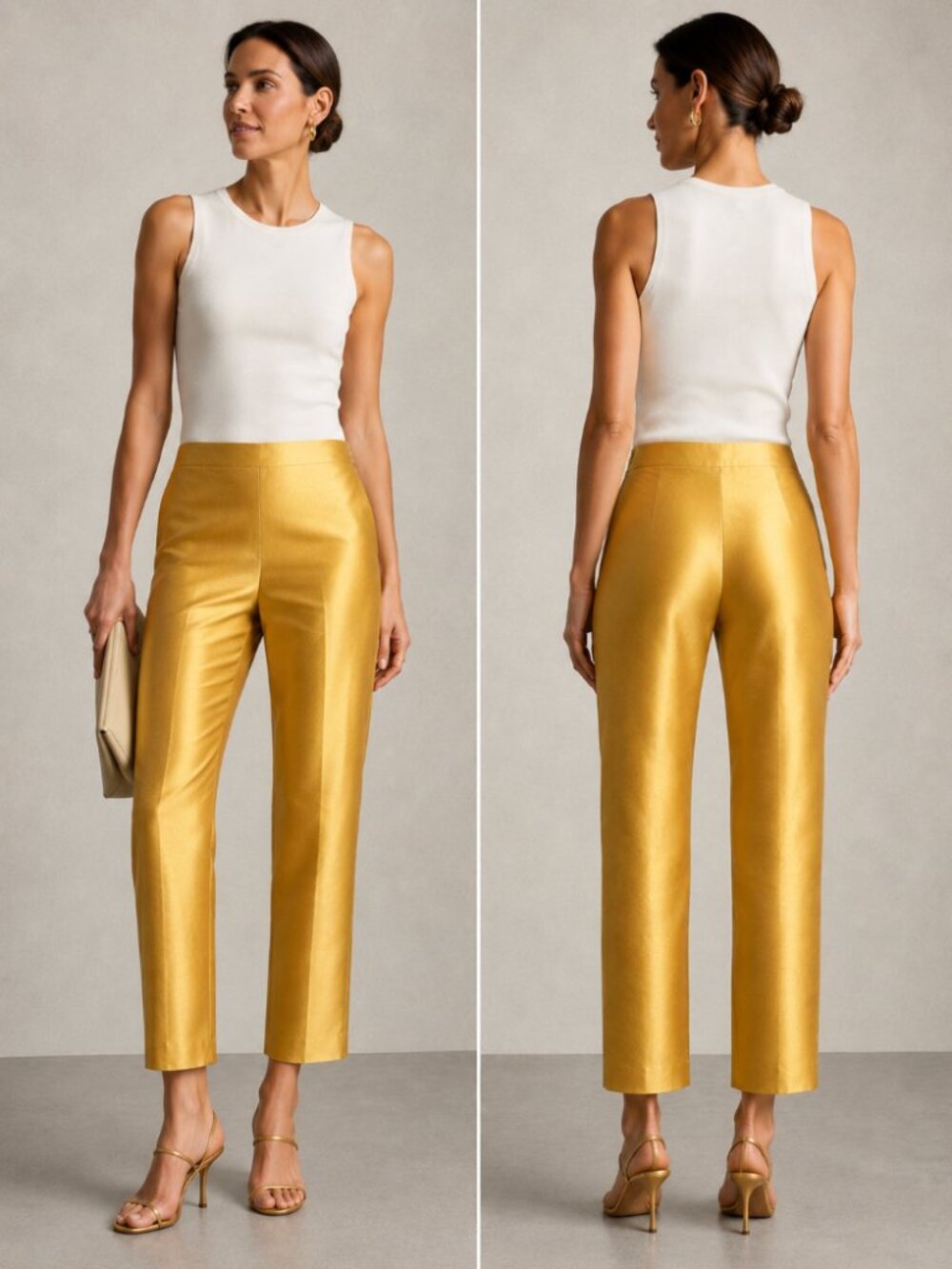 Lafayette 148 New York Gold Silk Cotton Flat-Front Straight Leg Pants - Size 16